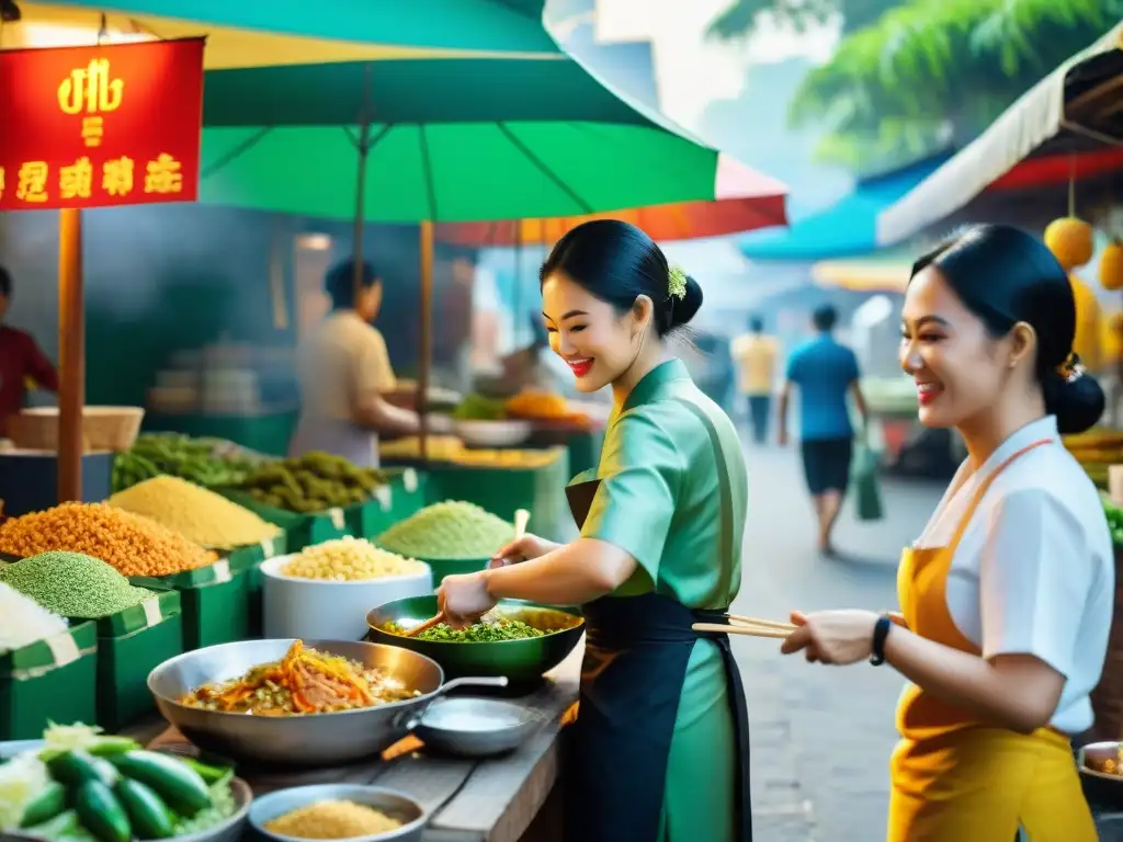 Un mercado tailandés bullicioso con cocina sin gluten y platos tradicionales como Pad Thai, Curry Verde y Mango Sticky Rice