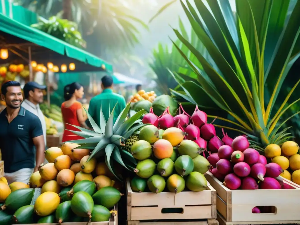 Un mercado tropical vibrante con frutas exóticas en cajas de madera bajo la luz cálida, vendedores y clientes disfrutando de jugos exóticos sin gluten