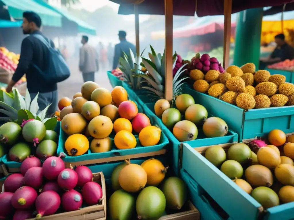 Un mercado tropical vibrante con jugos exóticos sin gluten, frutas frescas y colores vivos