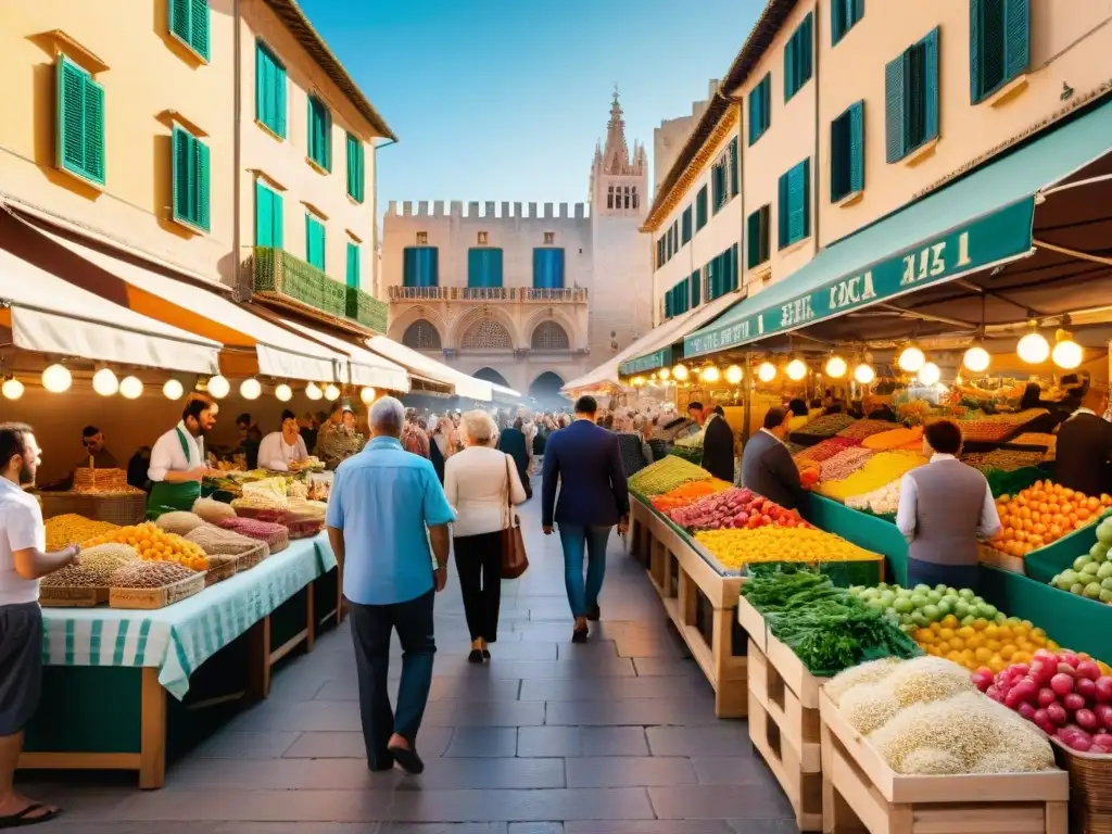 Un mercado vibrante al aire libre en Palma de Mallorca con opciones sin gluten, lleno de coloridos puestos de comida y productos locales frescos