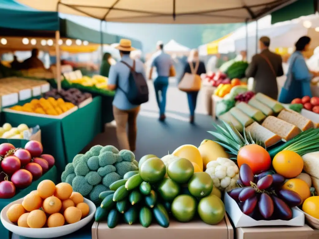 Un mercado vibrante con alimentos sin gluten y lácteos en exhibición, capturando la abundancia y variedad de opciones frescas y saludables