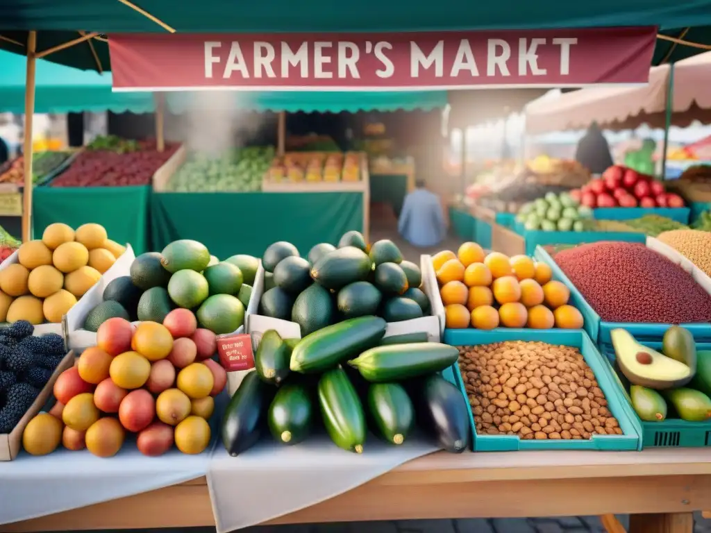 Puesto de mercado vibrante con alimentos sin gluten y lácteos, frescos y coloridos bajo la luz del sol