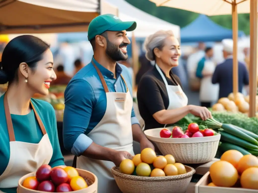 Un mercado vibrante y bullicioso donde una comunidad unida disfruta de la cocina sin gluten y comparte en un ambiente lleno de alegría y color