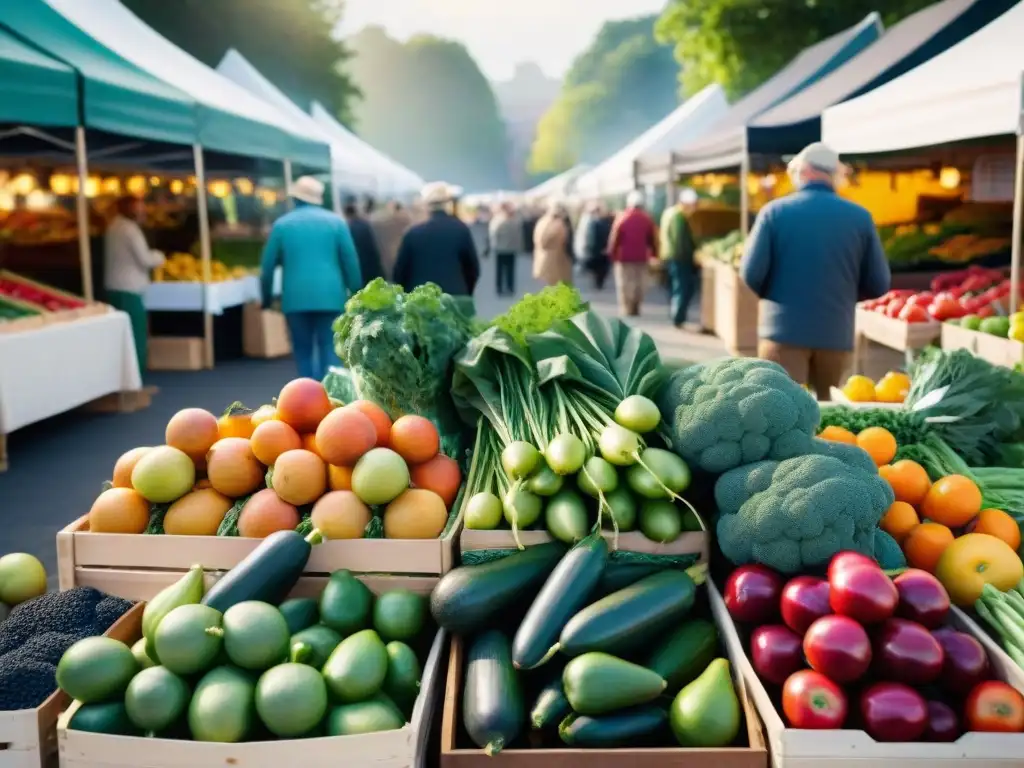 Un mercado agrícola vibrante y bullicioso con frutas y verduras orgánicas coloridas