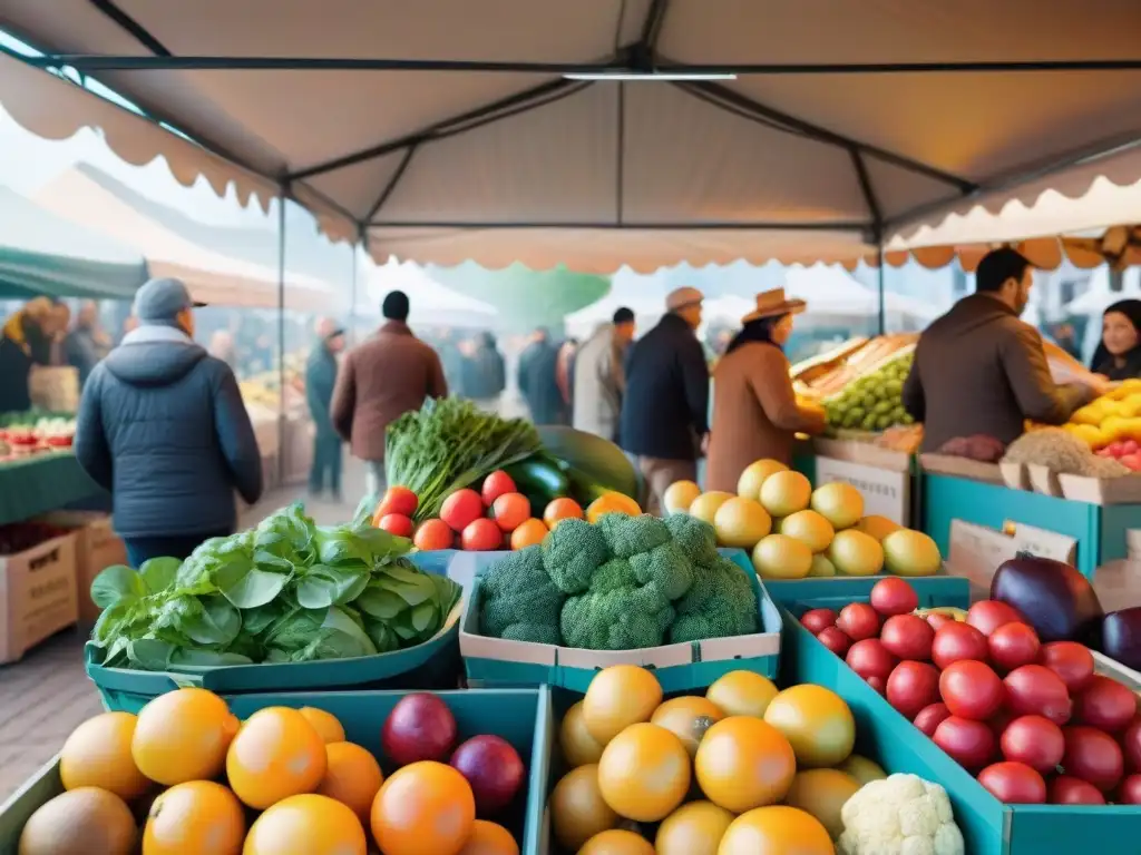 Un mercado agrícola vibrante y bullicioso lleno de puestos coloridos rebosantes de productos frescos y orgánicos