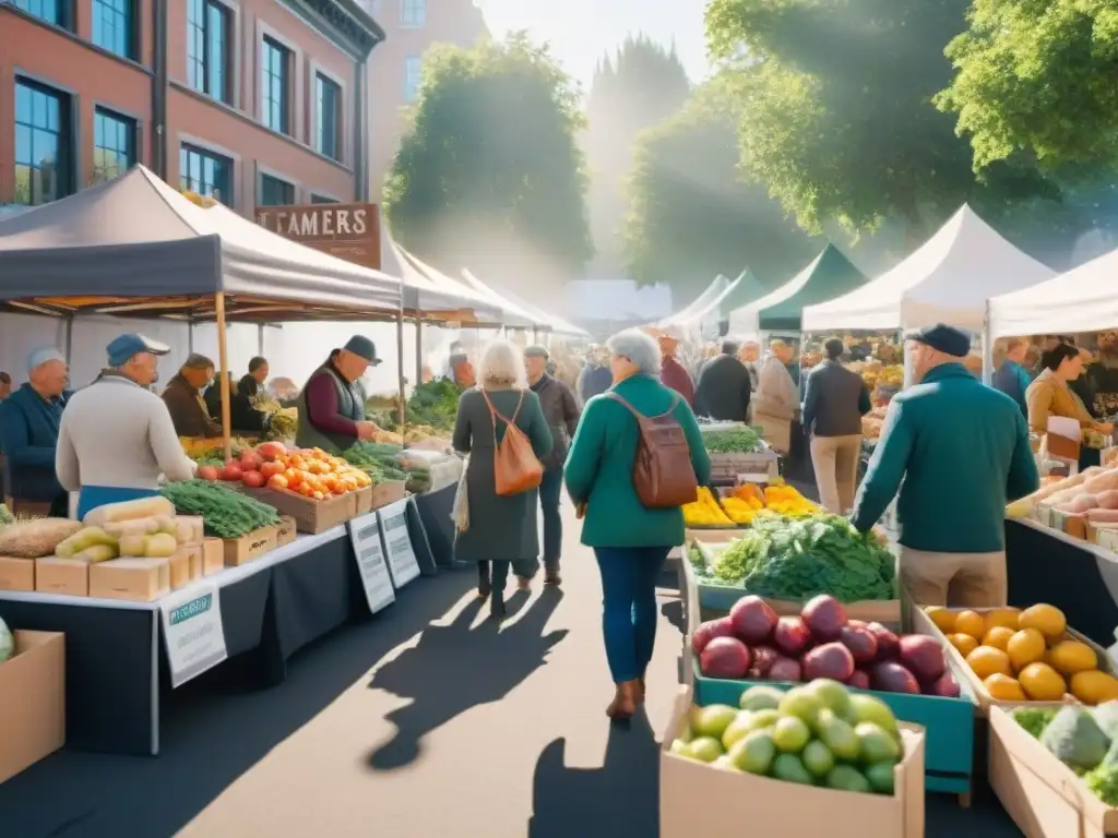 Un mercado vibrante y bullicioso, repleto de puestos coloridos y diversos productos orgánicos sin gluten