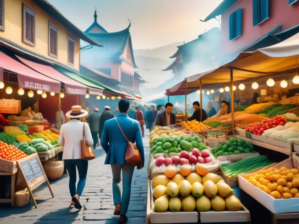 Un mercado vibrante en una ciudad extranjera, con puestos de frutas, verduras y snacks sin gluten