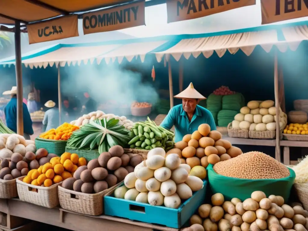 Un mercado vibrante con clientes examinando yuca fresca