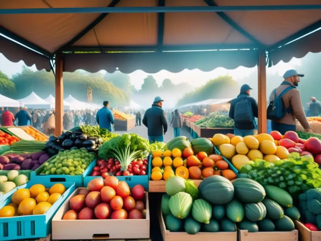 Un mercado vibrante y colorido con frutas y verduras orgánicas frescas, gente feliz seleccionando productos bajo el cálido sol