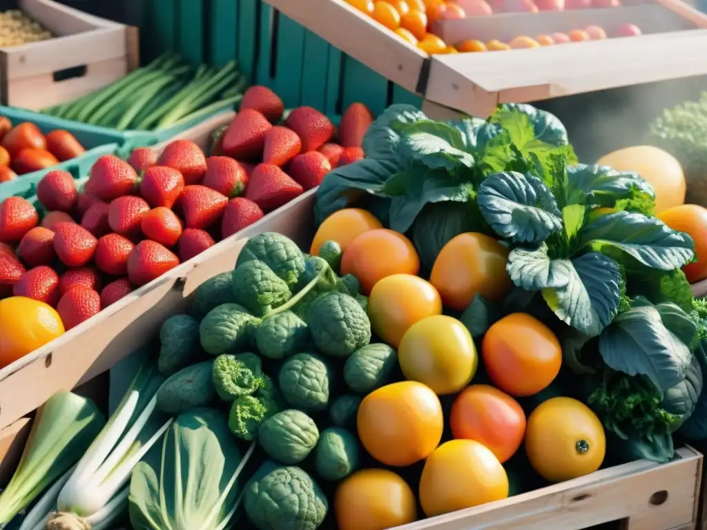 Un mercado vibrante y colorido de productos orgánicos sin gluten, rebosante de frutas y verduras frescas