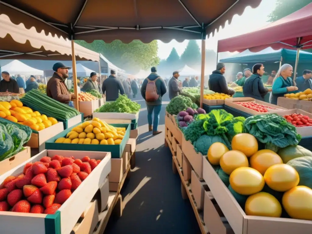 Un mercado agrícola vibrante y colorido, repleto de frutas y verduras de temporada