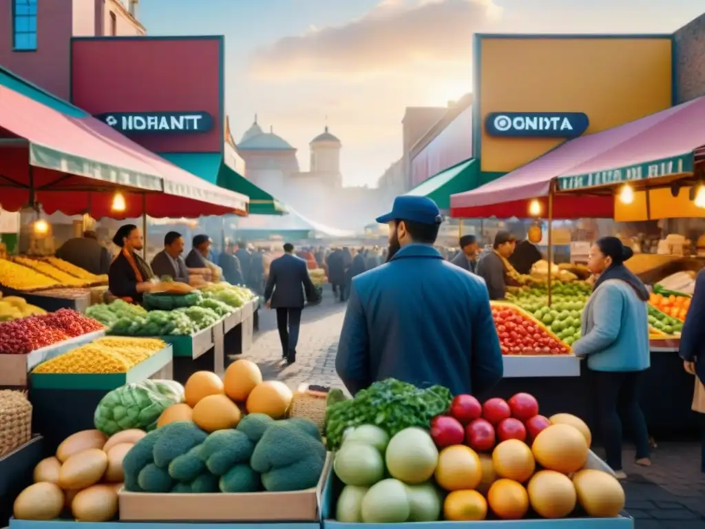 Un mercado vibrante con comida saludable sin gluten, lleno de colores y diversidad cultural