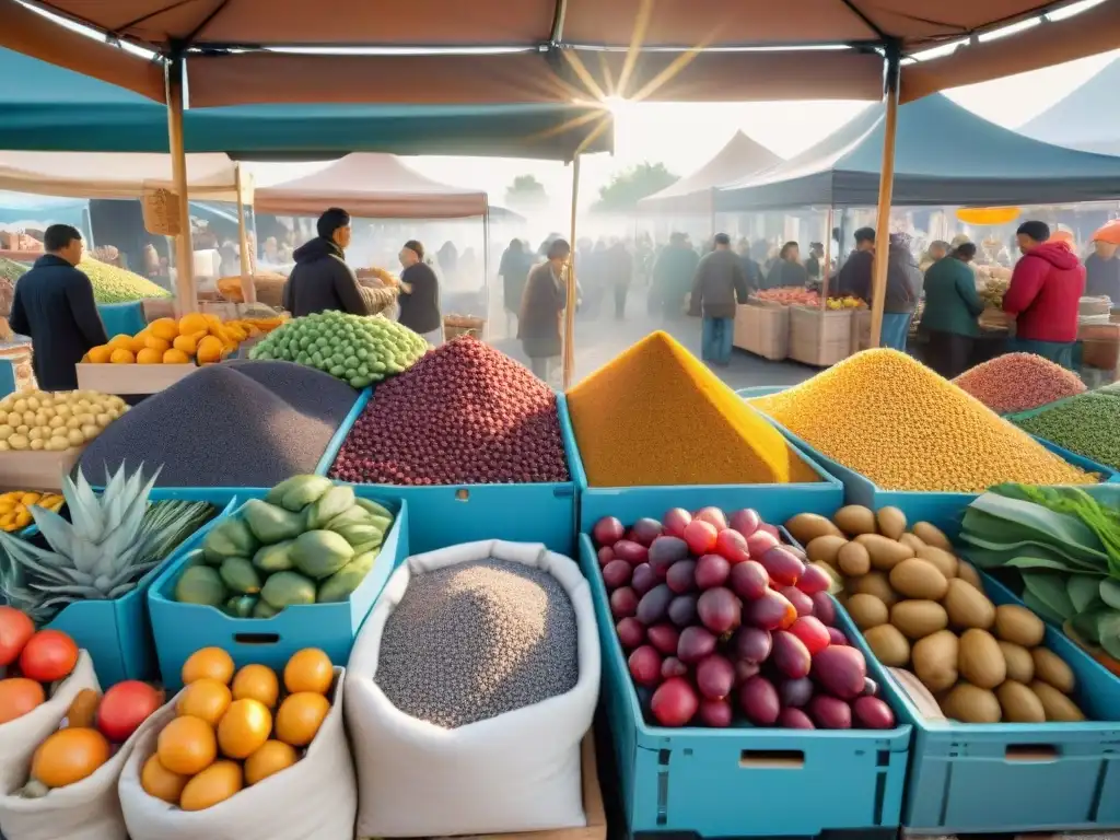 Un mercado vibrante y diverso con productos nativos de las Américas, en un ambiente festivo