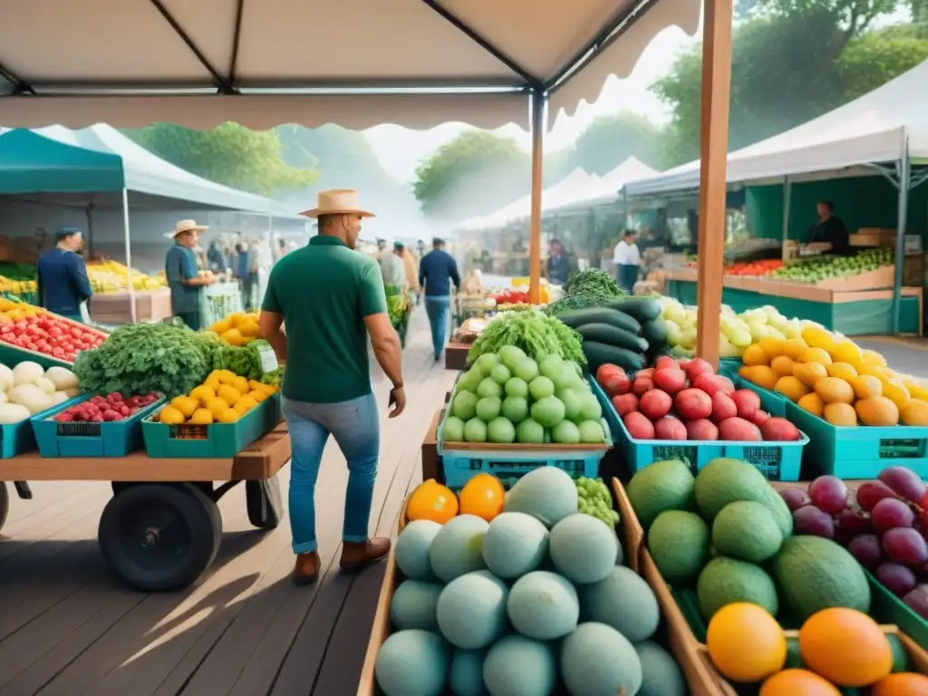 Un mercado agrícola vibrante y diverso con productos coloridos y sin gluten, bajo la luz cálida entre los árboles