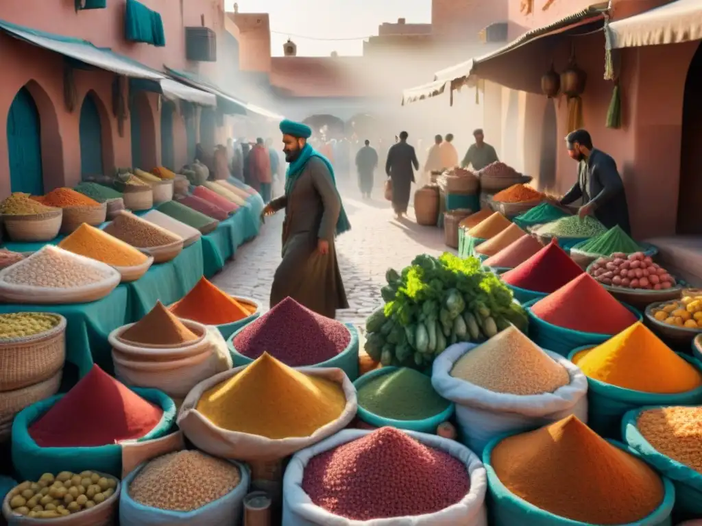 Mercado vibrante en Marrakech con especias, frutas exóticas y artesanías bajo toldos coloridos