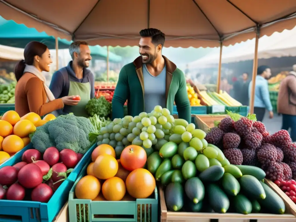 Un mercado vibrante con frutas y verduras frescas, diversidad y alegría