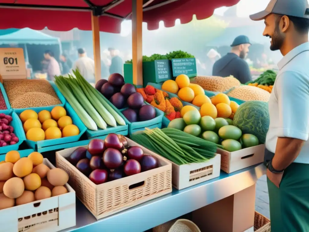 Un mercado vibrante con frutas y verduras coloridas, granos y nueces sin gluten