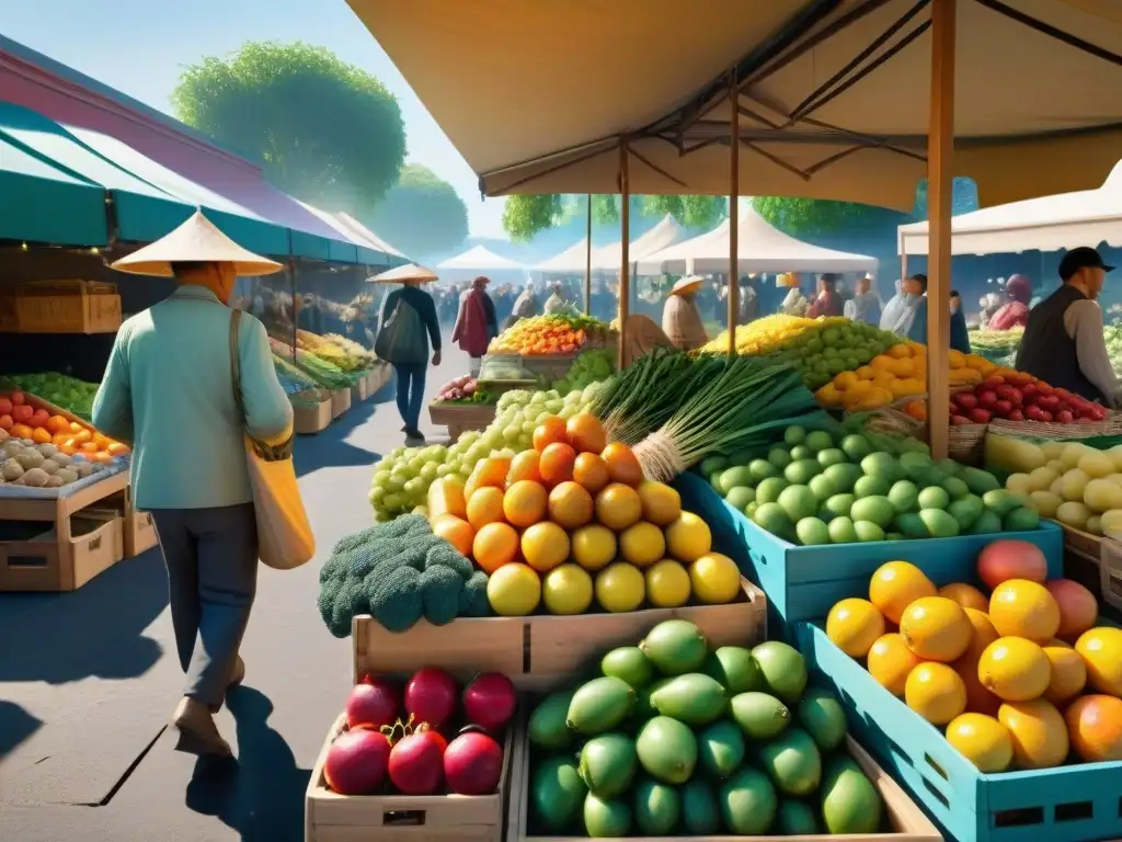 Un mercado vibrante con frutas y verduras coloridas bajo un toldo, personas animadas y una atmósfera de frescura y comunidad