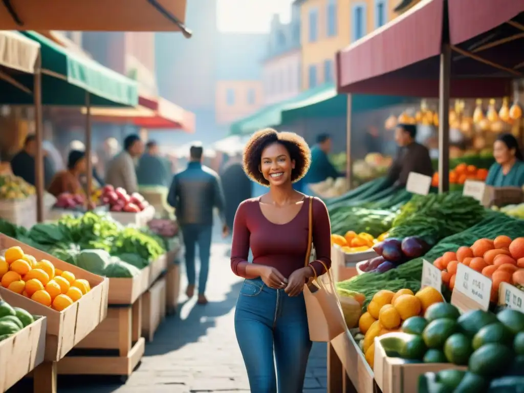 Un mercado vibrante con gente diversa comprando productos frescos y coloridos