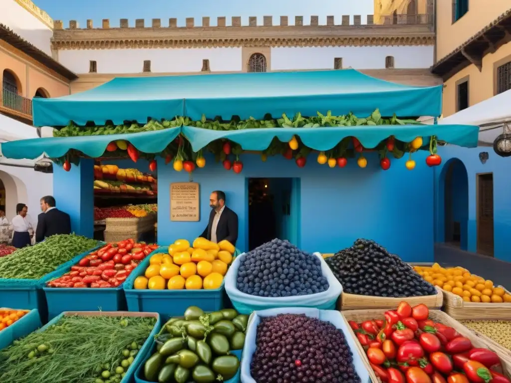 Un mercado vibrante en Sevilla con ingredientes tradicionales y sin gluten, bajo el sol andaluz