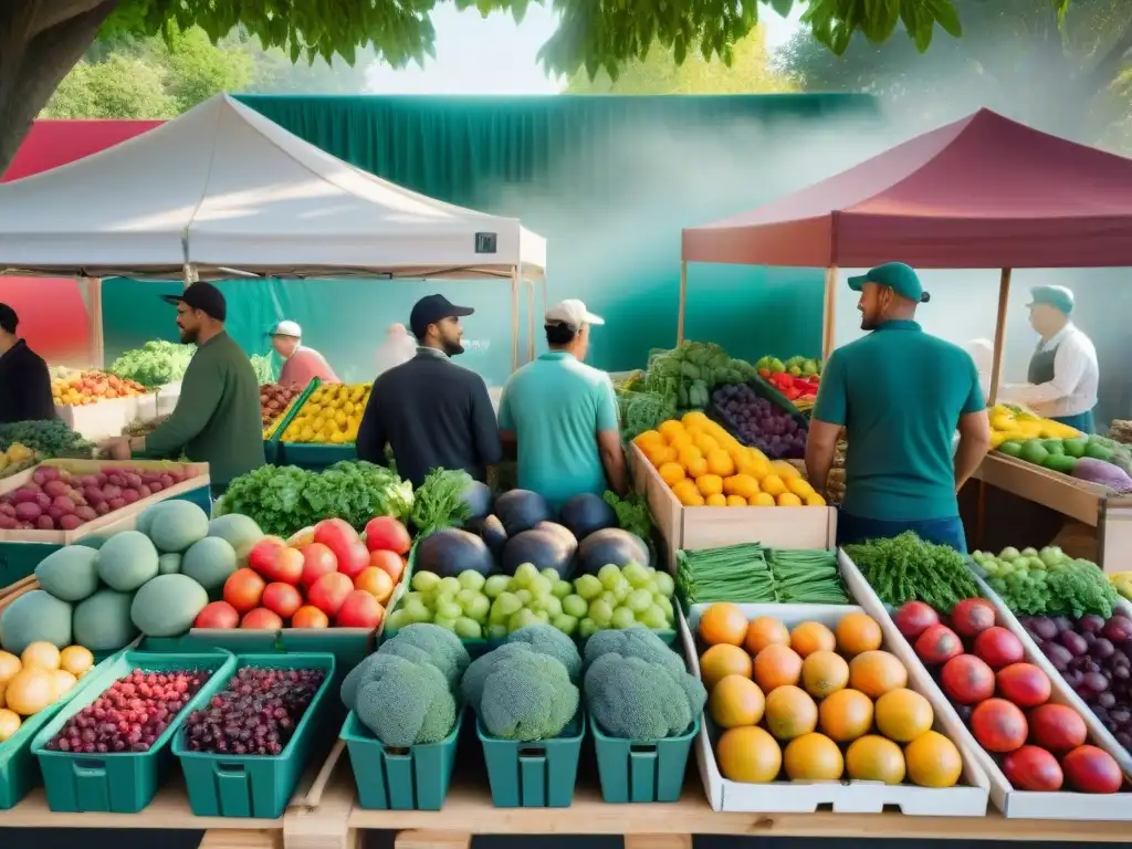 Mercado orgánico: vida saludable y conexión con la naturaleza Un mercado agrícola vibrante lleno de coloridas frutas y verduras orgánicas, transmitiendo la esencia de la cocina vegana sin gluten