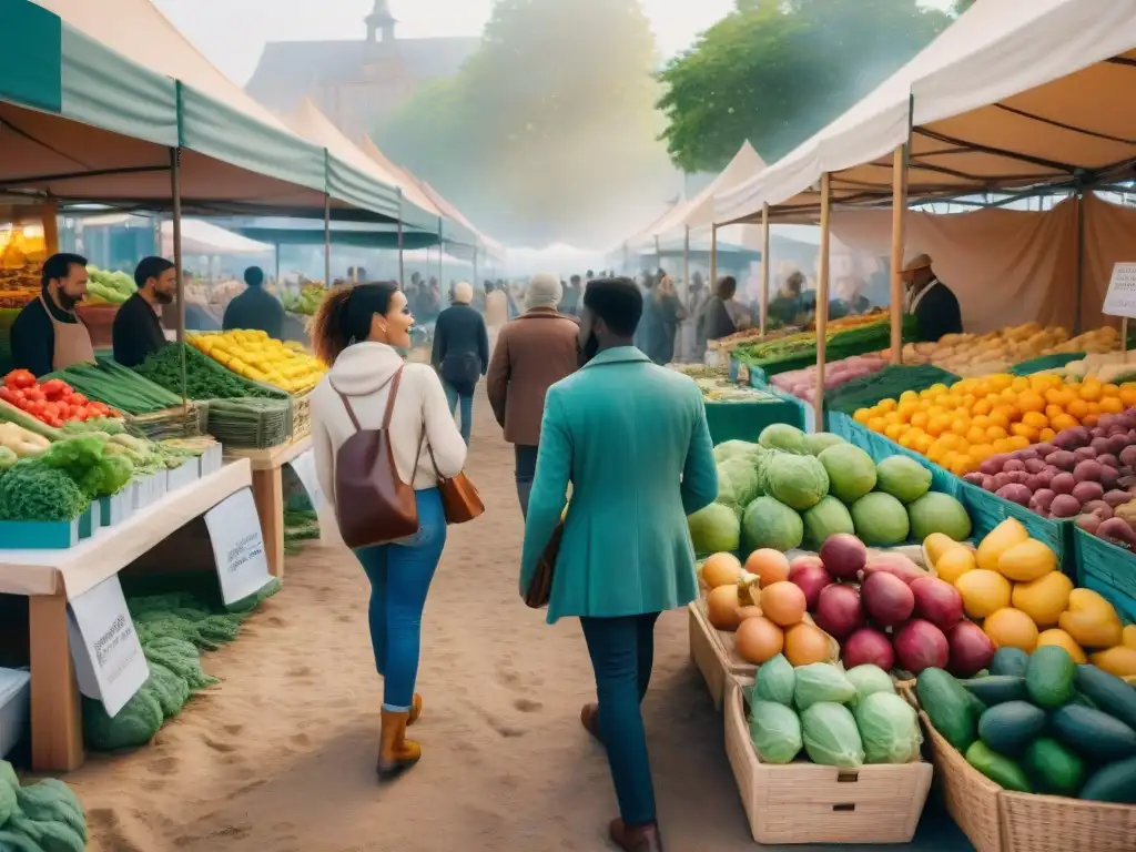 Un mercado vibrante, lleno de vida y color, donde la diversidad y la comunidad se fusionan en un estilo de vida vegano sin gluten mitos desmitificados