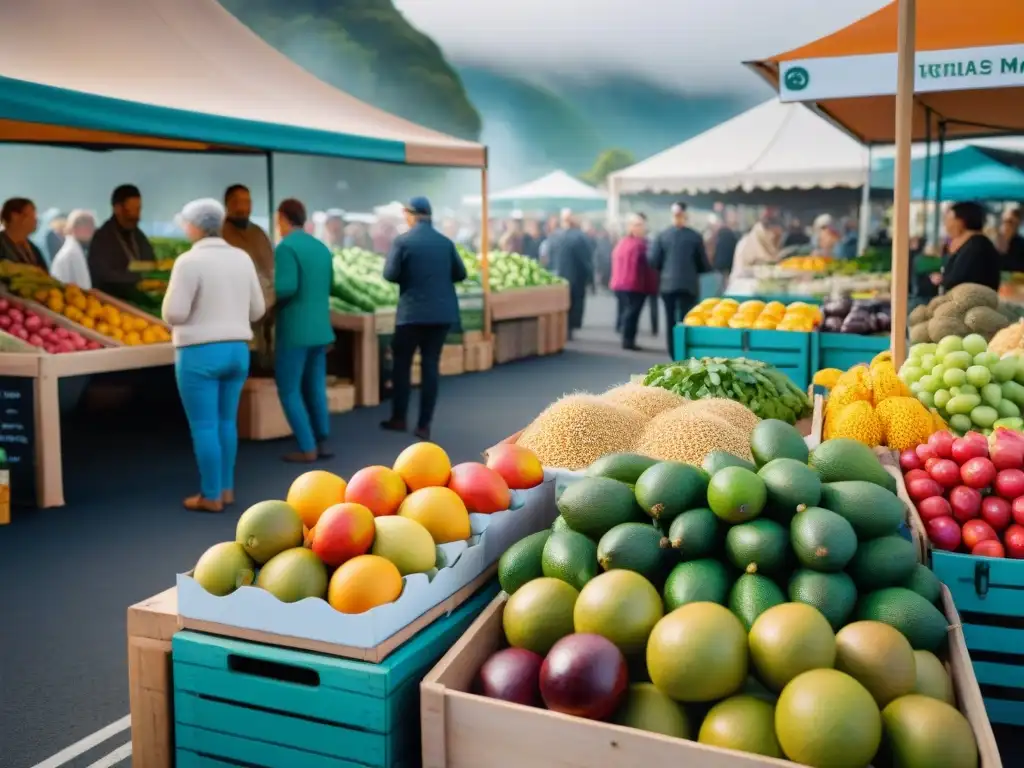 Un mercado vibrante en Nueva Zelanda, con productos frescos y coloridos