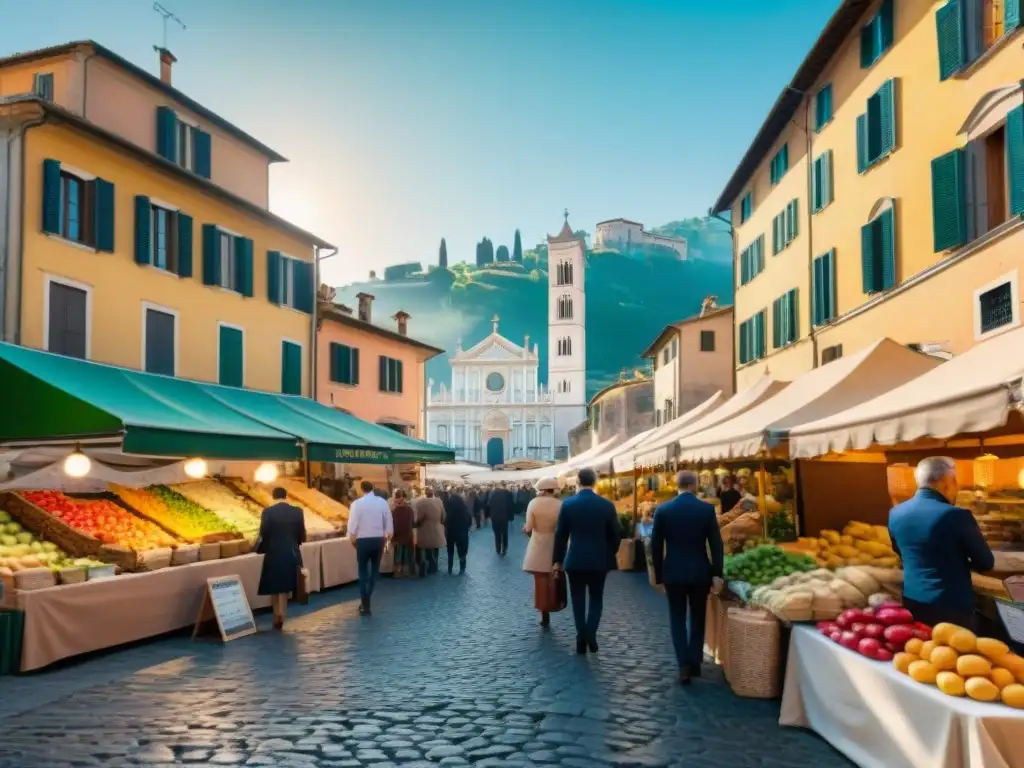 Un mercado vibrante en Italia con opciones sin gluten para viajeros, lleno de coloridas frutas y quesos frescos bajo el sol