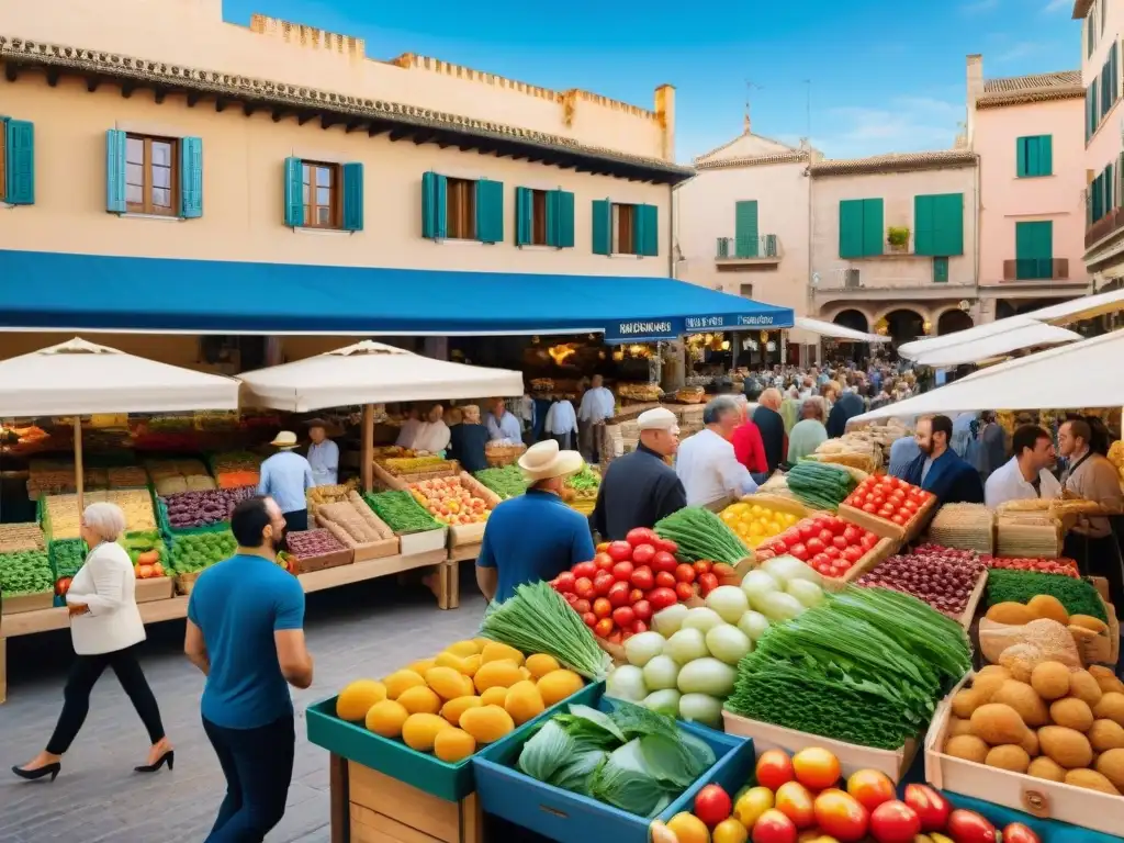 Un mercado vibrante en Palma de Mallorca sin gluten, rebosante de coloridos puestos y gente explorando con alegría