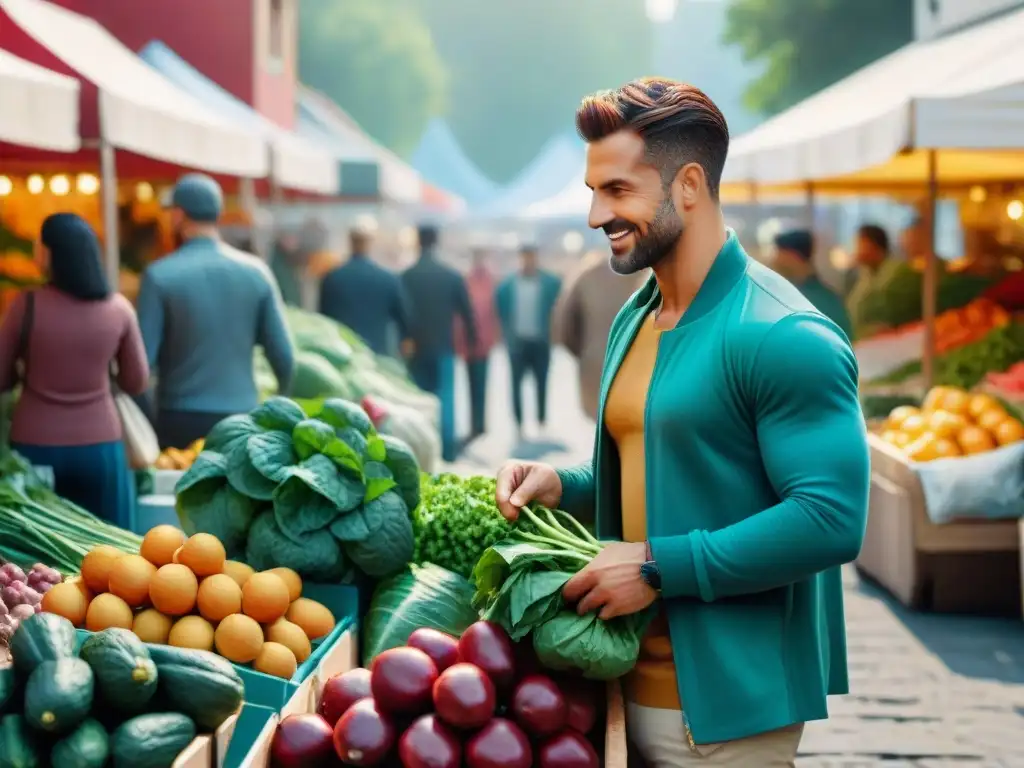 Un mercado vibrante con personas felices comprando alimentos ricos en hierro para dietas sin gluten