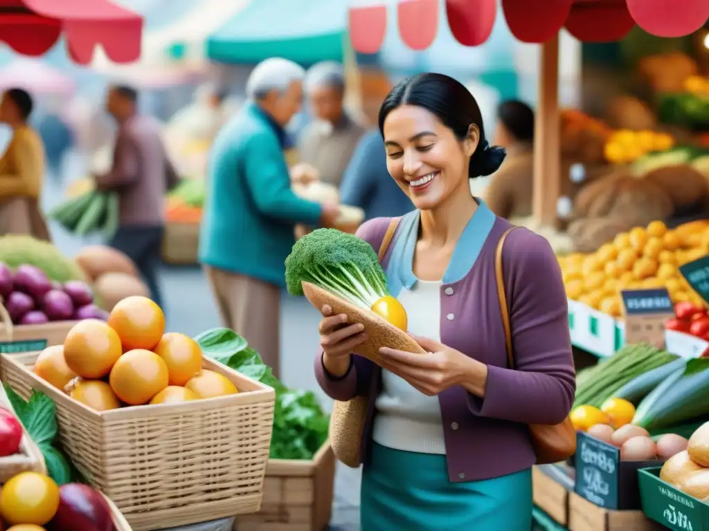 Mercado vibrante: comunidad comprando productos sin gluten Un mercado vibrante donde personas examinan productos sin gluten, reflejando el impacto económico de la dieta