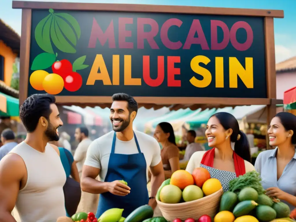 Un mercado vibrante con personas sonrientes disfrutando de productos sin gluten