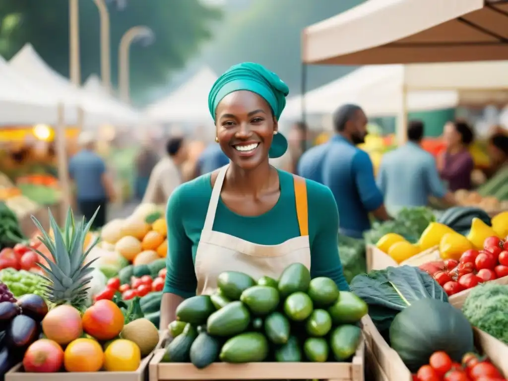 Un mercado vibrante con personas sonrientes disfrutando de frutas y verduras frescas, reflejando la alegría de una Dieta Paleo sin gluten beneficios