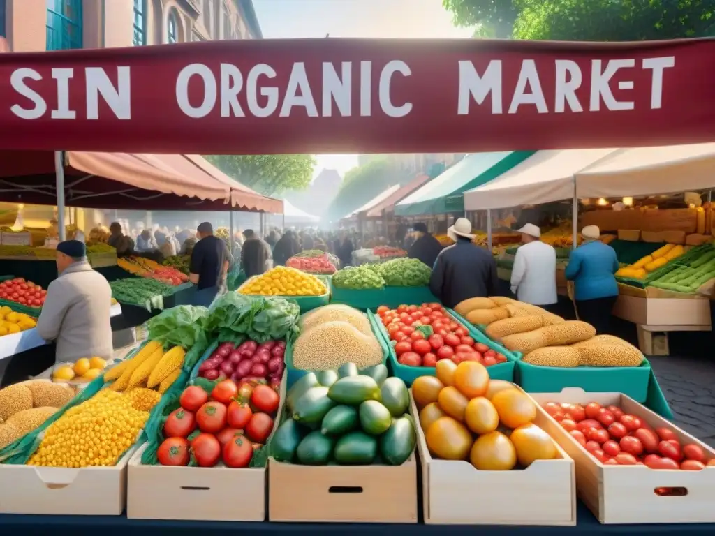 Un mercado vibrante con productos frescos y coloridos, letreros de 'Sin Gluten' en caligrafía, creando una atmósfera comunitaria y culinaria