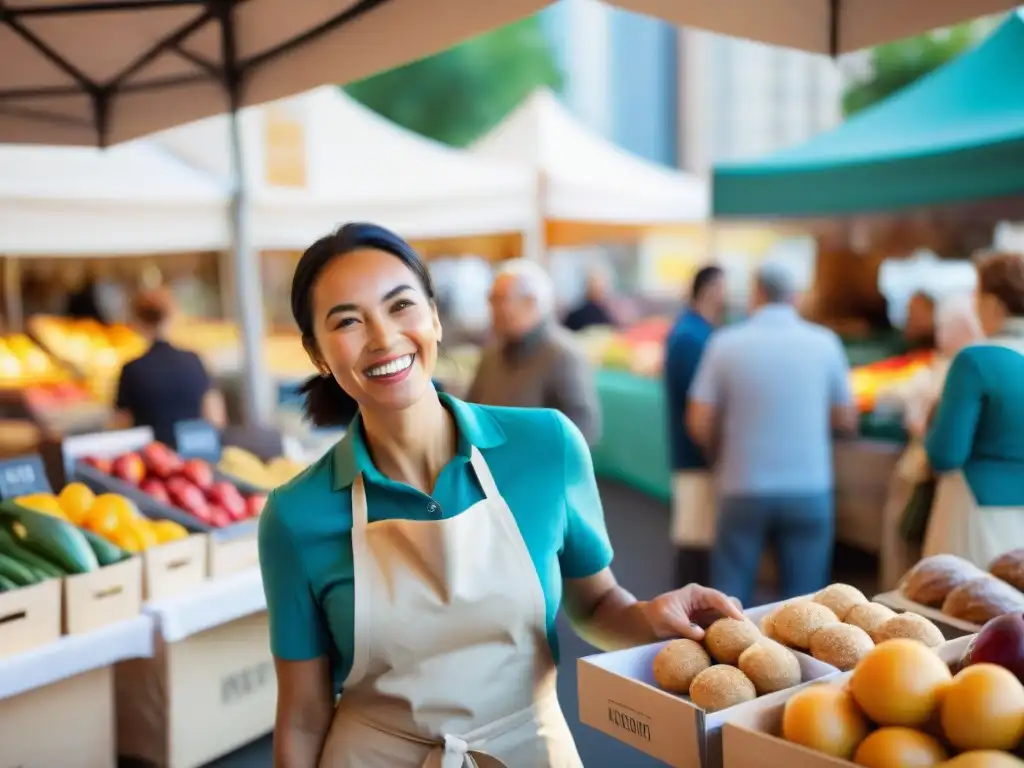 Un mercado vibrante con productos sin gluten y emprendedores exitosos en un ambiente comunitario y lleno de posibilidades