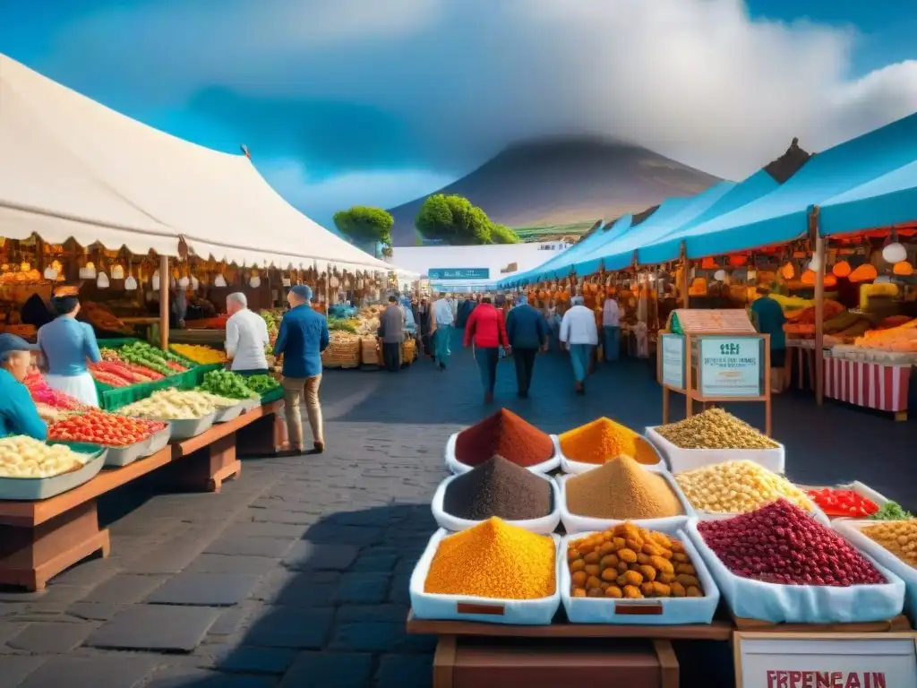 Mercado vibrante de Lanzarote con puestos de comida sin gluten, turistas y locales felices