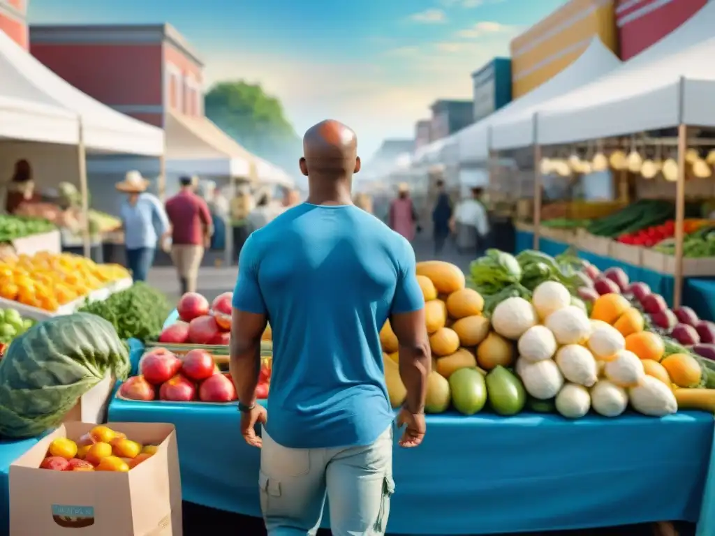 Un mercado vibrante rebosante de frutas y verduras coloridas, con personas felices comprando productos orgánicos bajo un cielo azul brillante