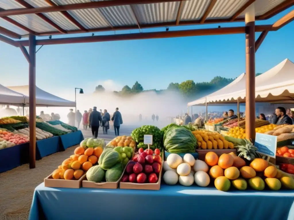 Un mercado vibrante rebosante de frutas, verduras y productos sin gluten, bajo un cielo azul