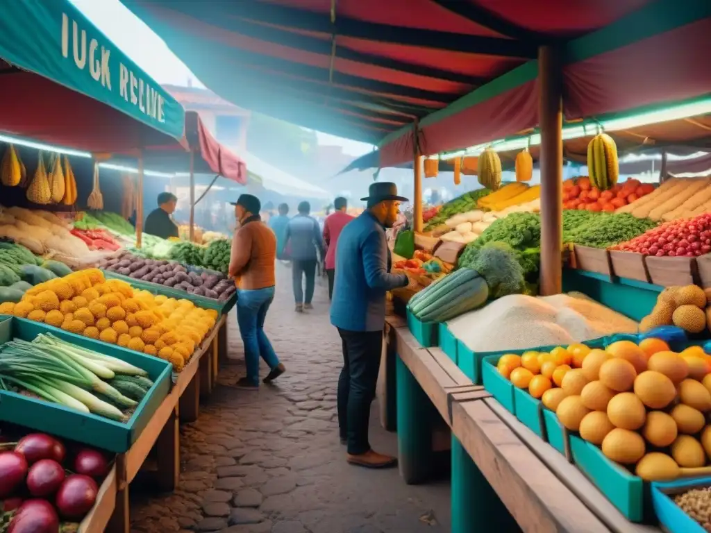 Mercado vibrante de Latinoamérica con recetas sin gluten, frutas exóticas, verduras y especias tradicionales