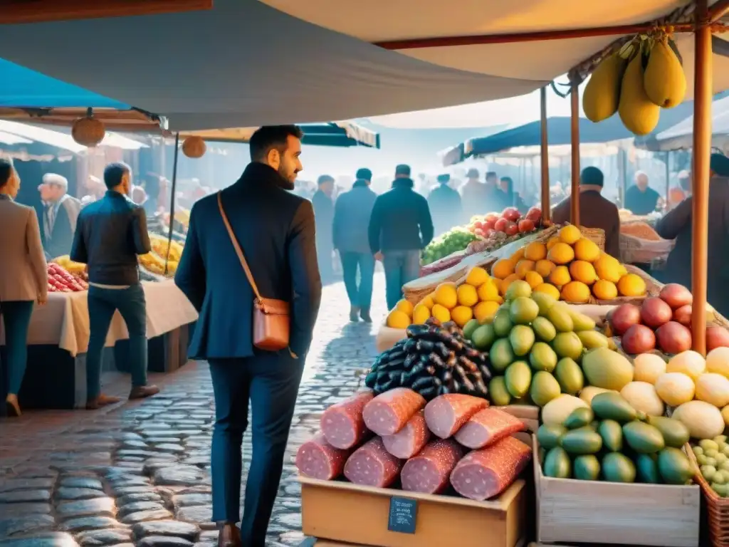 Un mercado vibrante en España con recetas sin gluten innovadoras, frutas, verduras y quesos coloridos