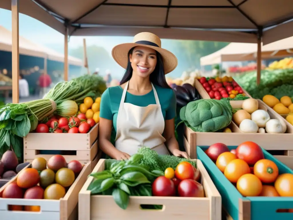 Un mercado vibrante repleto de frutas y verduras orgánicas, transmitiendo frescura y comunidad