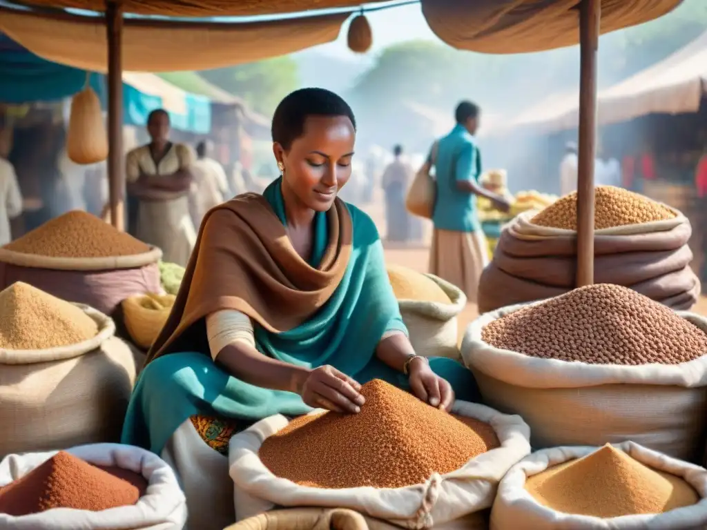 Un mercado etíope vibrante con sacos de Teff en tonos tierra y marfil, reflejando la riqueza cultural y diversidad culinaria