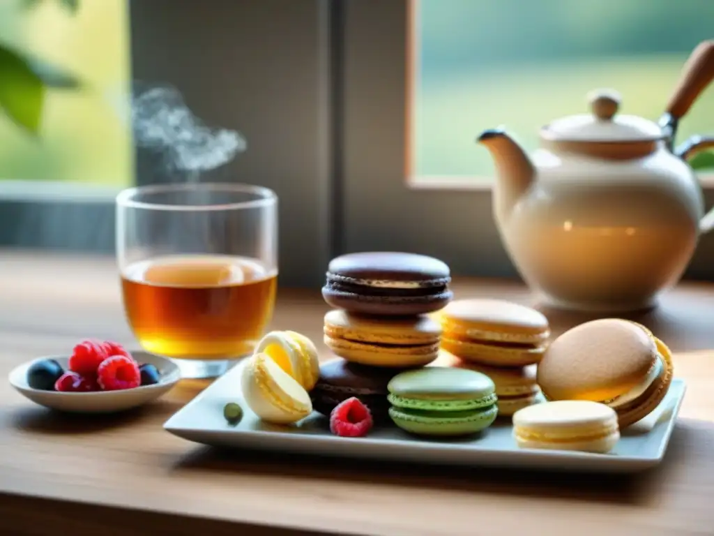 Meriendas sin gluten fáciles: mesa de madera con macarons, pancakes, quesos, nueces y té herbal, iluminada por el sol