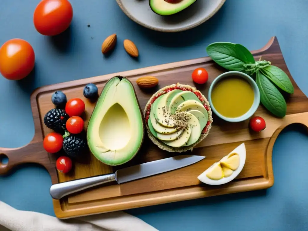 Meriendas sin gluten innovadoras en tabla de madera con aguacate, chía, almendra y plátano