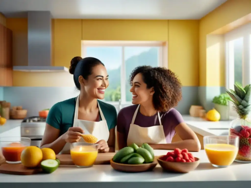 Meriendas sin gluten para padres: Madre e hija felices preparando aperitivos saludables en la cocina luminosa