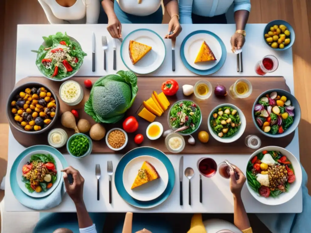 Escena de cena diversa y animada: sonrisas genuinas y deliciosos platillos Una mesa abundante y acogedora con personas disfrutando de una comida, creando un ambiente cálido y acogedor