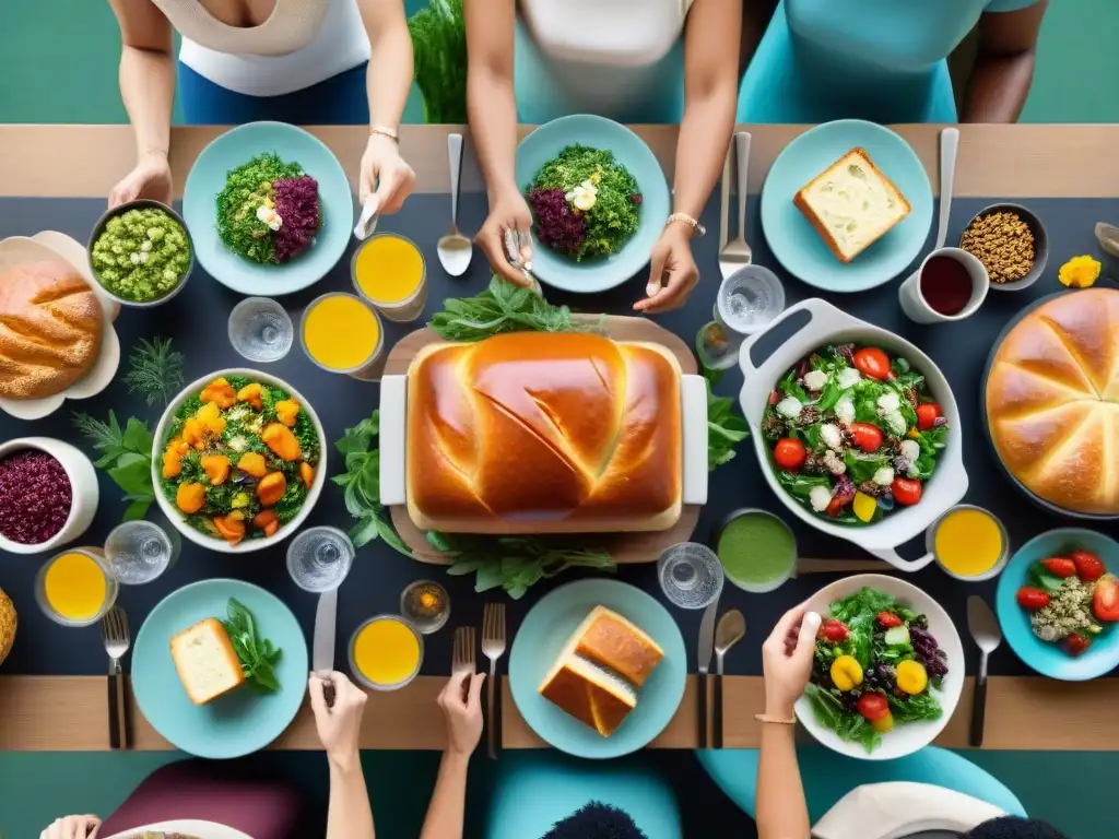 Una mesa abundante y colorida con comensales felices disfrutando de una comida sin gluten para celíacos