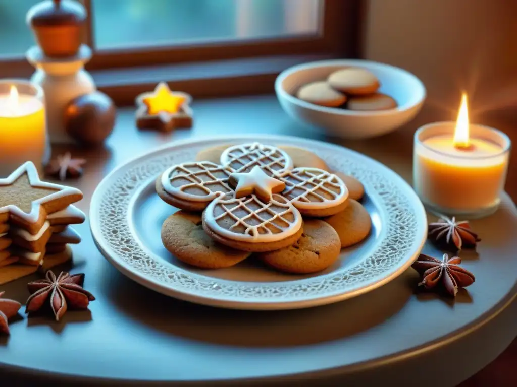 Una mesa acogedora con galletas de jengibre sin gluten recién horneadas, decoradas con diseños de glaseado en tonos otoñales cálidos