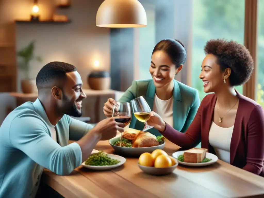 Una mesa acogedora donde personas diversas comparten comida, risas y complicidad, desafiando el estigma de la intolerancia al gluten