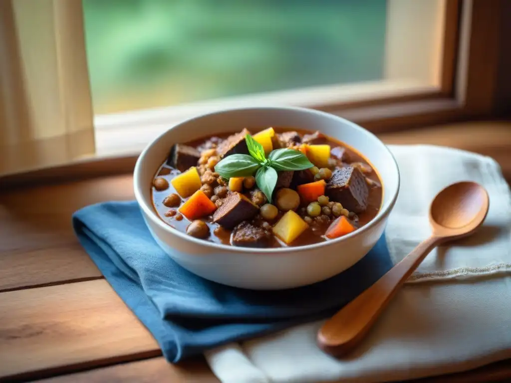 Una mesa acogedora con un reconfortante guiso vegano sin gluten, pan casero y cuchara de madera rústica